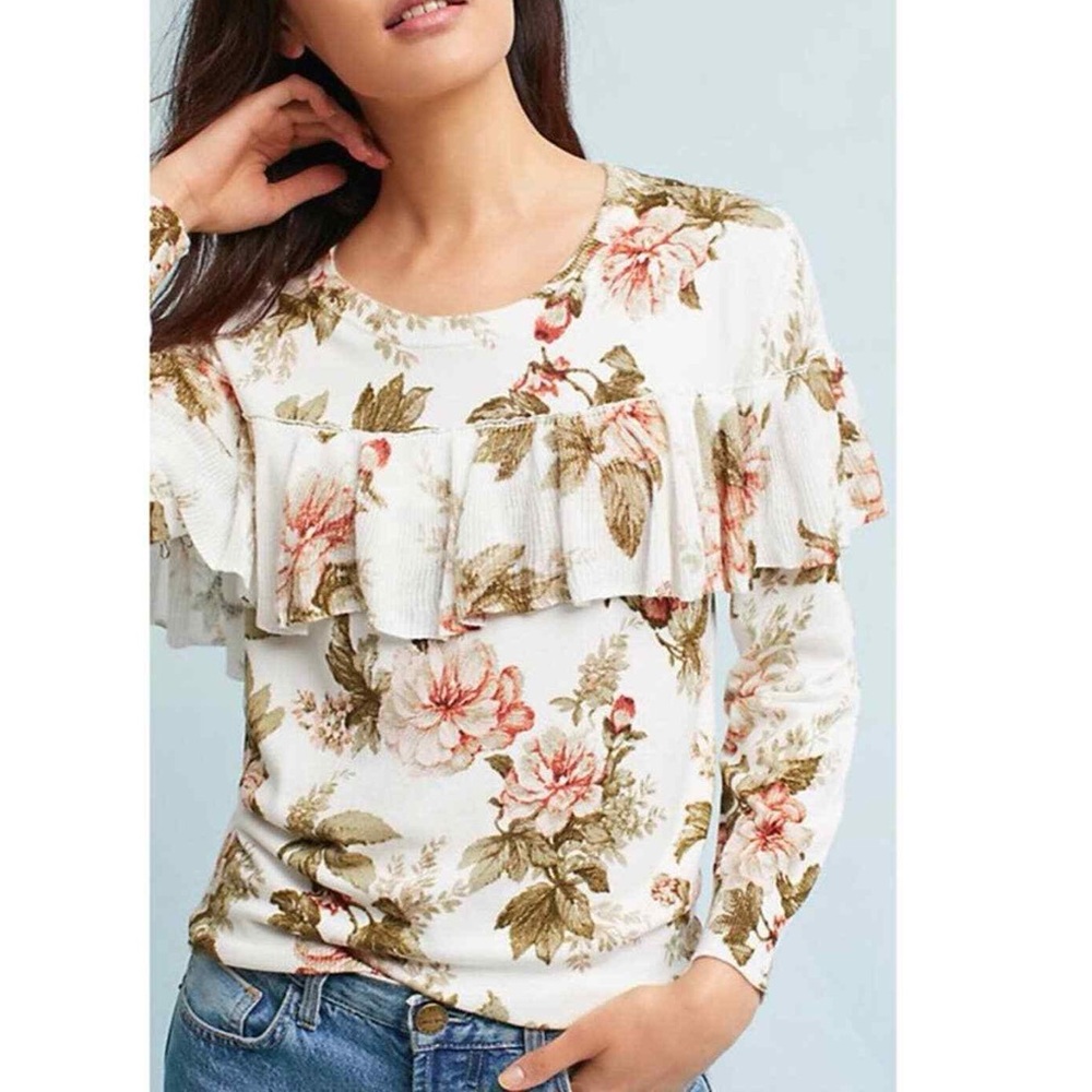 By anthropologie Harlyn Floral Ruffle Long Sleeve Top
